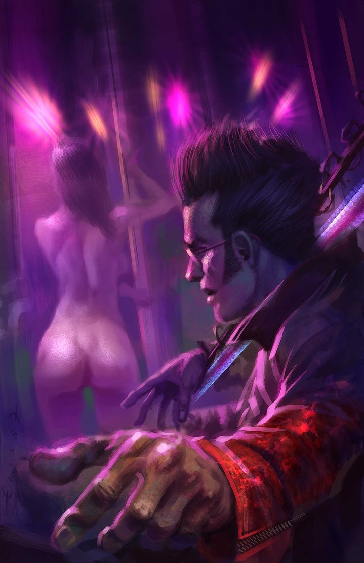 1boy 1girl ass aviator_sunglasses black_hair glasses jacket looking_at_viewer no_more_heroes nude pole red_jacket shirt_pull sitting smile solo stripper stripper_pole sunglasses travis_touchdown upper_body weapon
