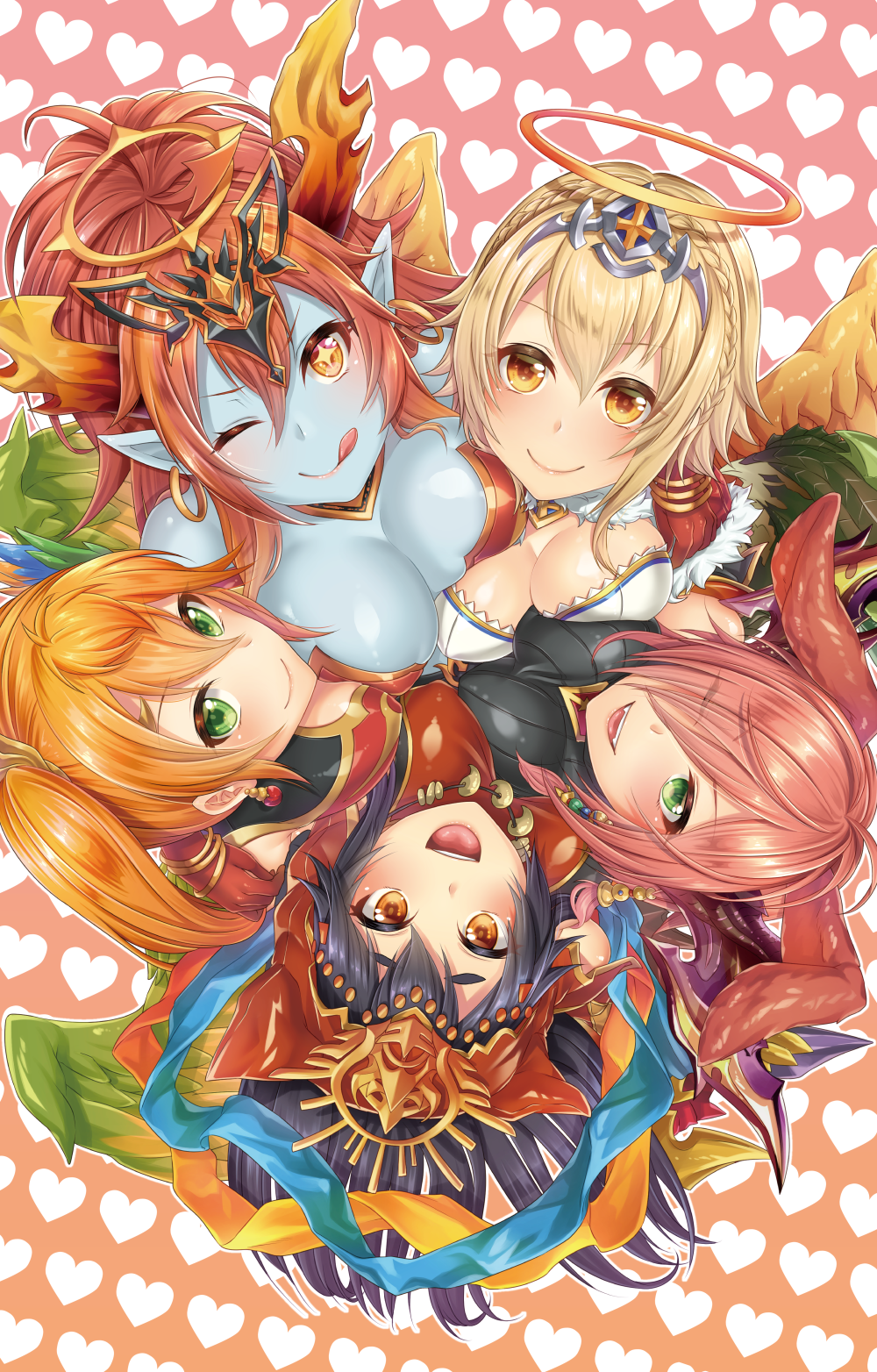 :d ;d ;p ame_no_uzume_(p&amp;d) animal_ears arms_around_neck asymmetrical_docking black_hair blonde_hair blue_skin blush bracelet braid breast_press breasts brown_eyes bunny_ears china_dress chinese_clothes circlet cleavage diara_(p&amp;d) dress fangs feathered_wings french_braid fur_trim gloves gradient_hair green_eyes hagoromo hair_ornament hair_over_one_eye halo headdress heart hera-ur_(p&amp;d) highres horns jewelry large_breasts leilan_(p&amp;d) long_hair looking_at_viewer looking_up magatama medium_breasts multicolored_hair multiple_girls necklace one_eye_closed open_mouth orange_hair pink_hair pointy_ears puzzle_&amp;_dragons red_gloves red_hair rozuel_(p&amp;d) shawl side_ponytail smile tongue tongue_out trait_connection wings yuzutosen