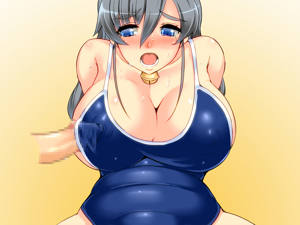 breasts censored collar crying erect_nipples erect_nipples_under_clothes erection milf mother nipples one-piece_swimsuit penis sweat swimsuit tears