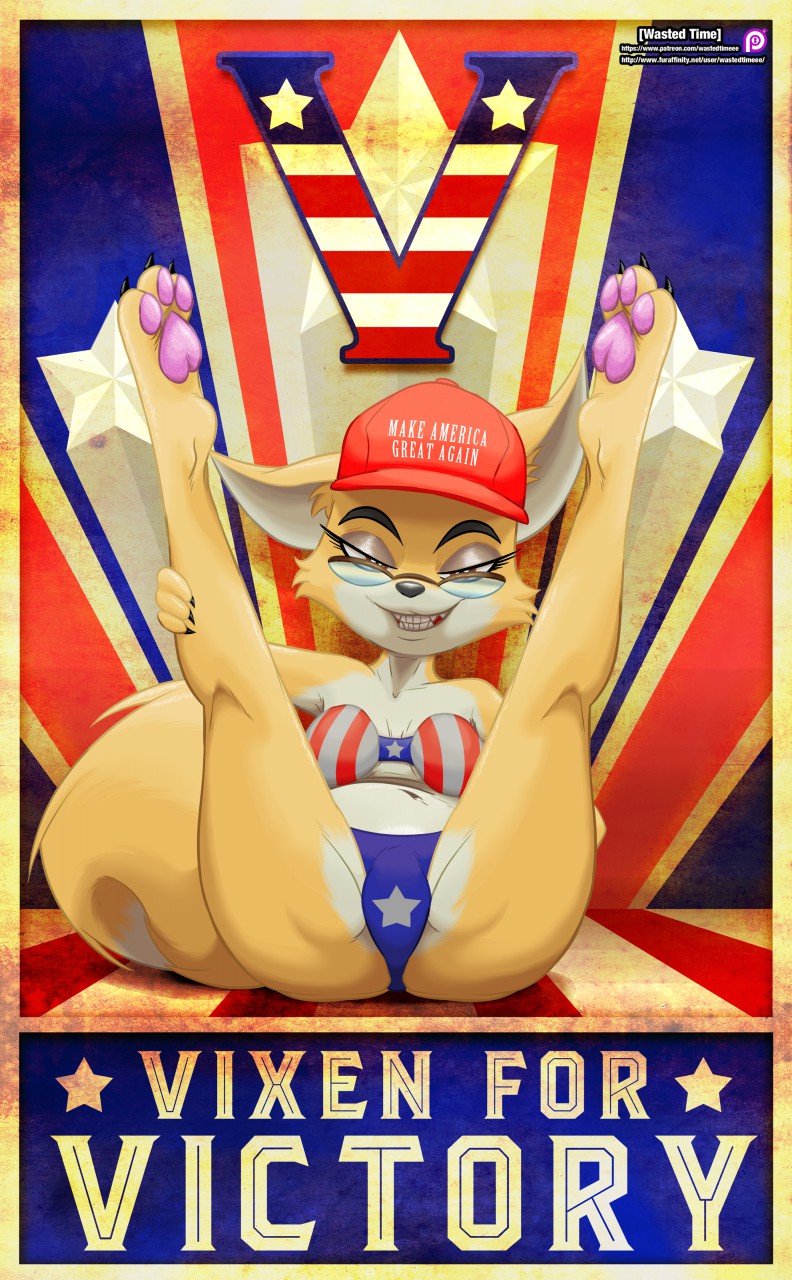 anthro anus breasts canine eyewear fangs female fourth_of_july fox glasses hi_res legs_up looking_at_viewer lt._fox_vixen mammal nipples poster presenting seductive smile spread_legs spreading squirrel_and_hedgehog teeth wastedtimeee