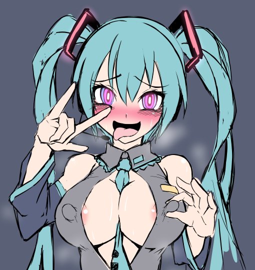 1girl \m/ aqua_hair areola_slip areolae blush breasts cleavage detached_sleeves erect_nipples grey_background hatsune_miku large_breasts long_hair looking_at_viewer necktie open_clothes open_mouth pink_eyes sanagi_semi simple_background solo tongue_out twintails upper_body vocaloid