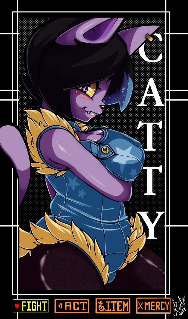 2017 anthro big_breasts black_hair blush breasts cat catty_(undertale) clothed clothing digital_media_(artwork) ear_piercing fangs feline female fur hair humanoid looking_at_viewer mammal piercing purple_fur simple_background slightly_chubby smile solo sruto undertale video_games