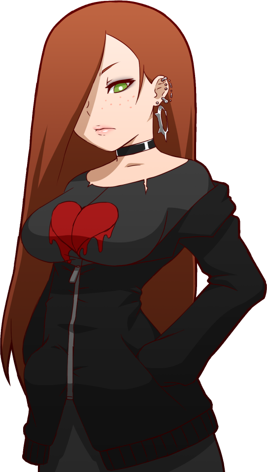alternate_costume breasts brown_hair choker ear_piercing earrings freckles gravity_falls green_eyes hair_over_one_eye hands_in_pockets heart jewelry large_breasts long_hair makeup mike_inel piercing pink_lips reverse_pines solo torn_clothes transparent_background wading wendy_corduroy
