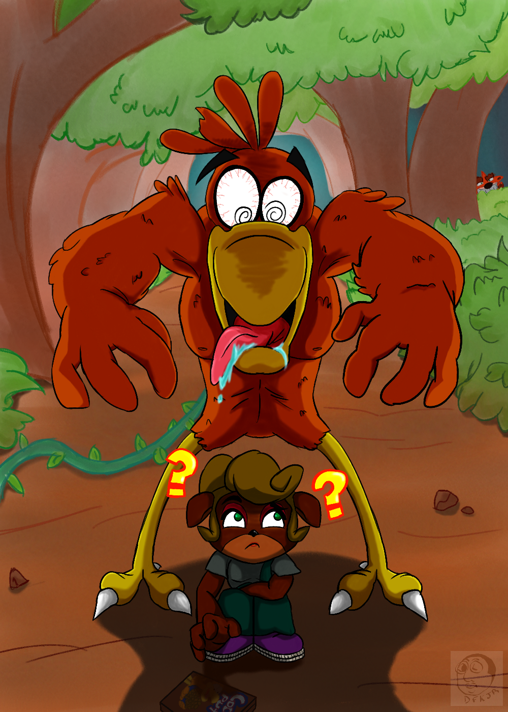 avian bandicoot bird coco_bandicoot crash_bandicoot_(series) crossover dfkjr drolling fake_crash female forest general_mills male mammal marsupial muscular reaching shadow sonny_the_cuckoo_bird tongue tongue_out tree video_games