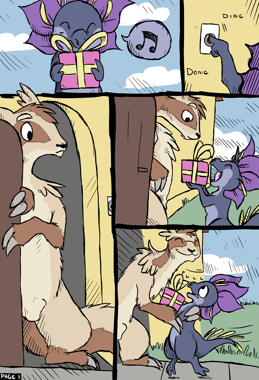ambiguous_gender animal_genitalia comic door doorbell duo feral feral_on_feral flora_fauna floraverse frilled_petal_dragon fully_sheathed gift graedius_(linoone) linoone male male/ambiguous nintendo nymlus open_mouth paintdog_(artist) plant pok&eacute;mon sheath size_difference smile video_games