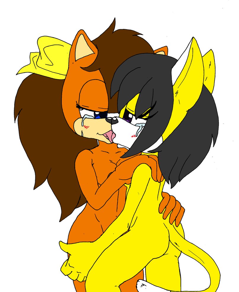 anthro black_hair blue_eyes blush breasts brown_fur brown_hair butt cat duo feline female female/female fur hair honey_the_cat interspecies kissing mammal manx nipples nude pussy rabbitlvr91 simple_background smile sonic_(series) sonic_x-treme tiara_boobowski tongue tongue_out
