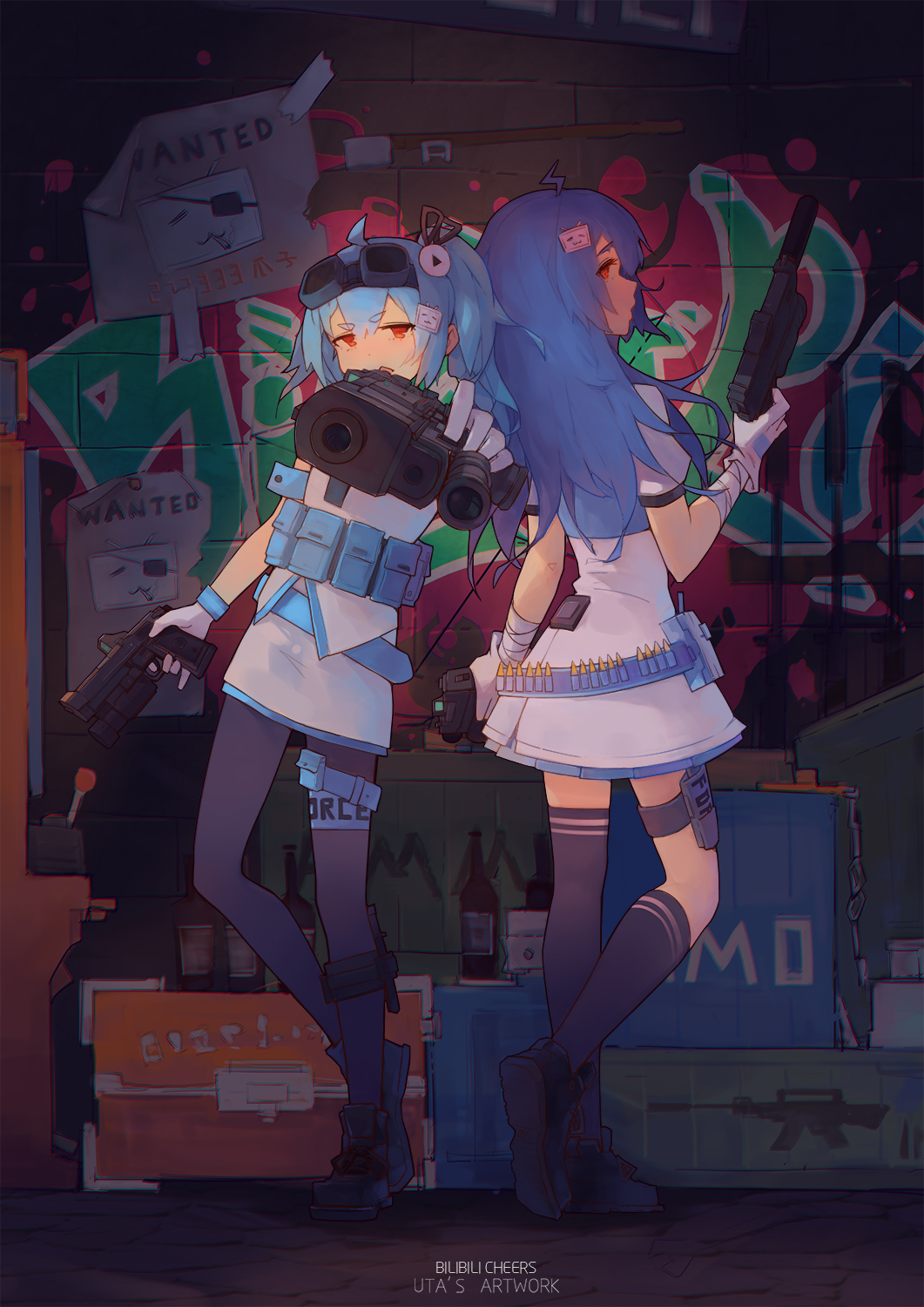 ahoge bili_girl_22 bili_girl_33 bilibili_douga black_legwear blue_hair copyright_name eyebrows_visible_through_hair gloves graffiti gun handgun highres holding holding_gun holding_weapon long_hair looking_at_viewer multiple_girls pantyhose parted_lips pistol red_eyes short_hair short_ponytail short_sleeves side_ponytail thighhighs weapon white_gloves yong_mei-uta