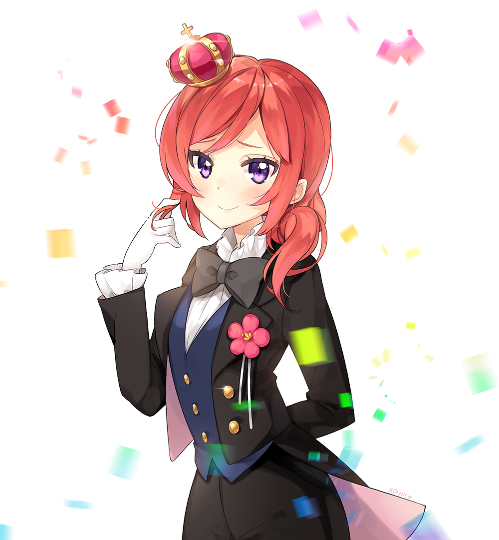 arm_behind_back ayamy black_bow black_neckwear black_ribbon black_suit blush boutonniere bow bowtie commentary confetti cowboy_shot crown flower_ornament formal frilled_shirt_collar frills gloves hair_over_shoulder hair_twirling long_sleeves looking_at_viewer love_live! love_live!_school_idol_project love_wing_bell mini_crown nishikino_maki purple_eyes red_hair ribbon short_hair signature simple_background smile solo suit white_background white_gloves