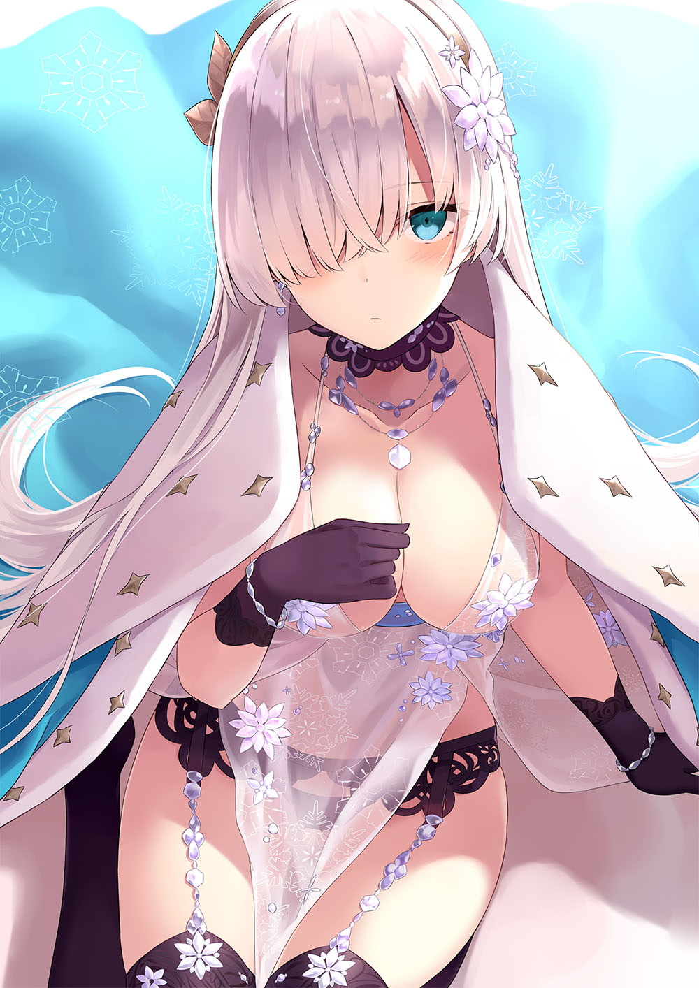 1girl anastasia_(fate/grand_order) arm_support artoria_pendragon_(all) artoria_pendragon_(lancer_alter) artoria_pendragon_(lancer_alter)_(cosplay) azuuru babydoll bangs bare_shoulders black_panties blue_cape blue_eyes blush bracelet breasts cape choker cleavage closed_mouth collarbone commentary commentary_request cosplay craft_essence eyebrows_visible_through_hair fate/grand_order fate_(series) fur-trimmed_cape fur_trim garter_belt gloves hair_over_one_eye hairband hand_up highres jewelry large_breasts lingerie long_hair looking_at_viewer necklace panties partial_commentary revealing_clothes royal_icing see-through sidelocks silver_hair sitting snowflake_print solo thighhighs underwear very_long_hair