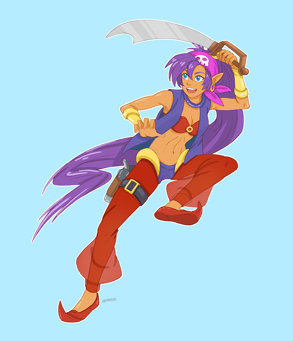 blue_eyes breasts choker cleavage dark_skin earrings harem_pants herokick hoop_earrings jewelry long_hair medium_breasts midriff navel pants pointy_ears ponytail purple_hair scimitar shantae_(character) shantae_(series) shantae_and_the_pirate's_curse smile solo sword tiara very_long_hair vest weapon