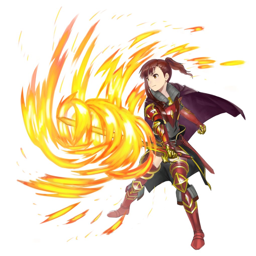 bangs brown_eyes brown_hair cape clenched_hand commentary_request fire flame_sword flaming_sword full_body holding holding_sword holding_weapon incandescence knight leg_armor looking_afar medium_hair metal_gloves original ornate_armor plate_armor ponytail powering_up purple_cape simple_background slashing solo standing sword wasabi60 weapon white_background
