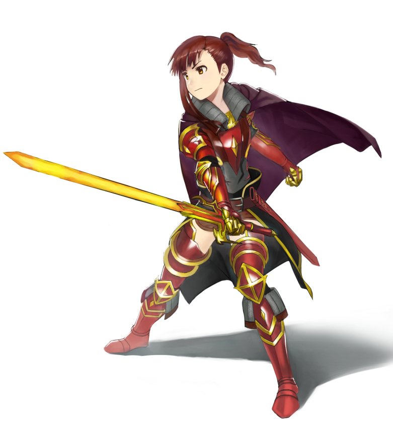 bangs brown_eyes brown_hair cape clenched_hand commentary_request flaming_sword full_body holding holding_sword holding_weapon incandescence knight leg_armor looking_afar medium_hair metal_gloves original ornate_armor plate_armor ponytail purple_cape shadow simple_background slashing solo standing sword wasabi60 weapon white_background