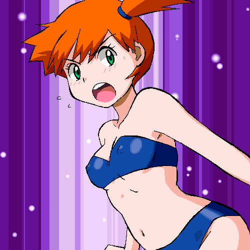 1girl arm bare_arms bare_shoulders bikini blue_bikini blue_swimsuit breasts collarbone erect_nipples face female gomatarou_(pixiv196136) green_eyes gym_leader kasumi_(pokemon) looking_at_viewer midriff navel neck nintendo open_mouth orange_hair pokemon pokemon_(anime) pokemon_(game) pokemon_frlg pokemon_rgby purple_background round_teeth serious short_hair shouting side_ponytail small_breasts solo strapless strapless_bikini strapless_swimsuit swimsuit teeth