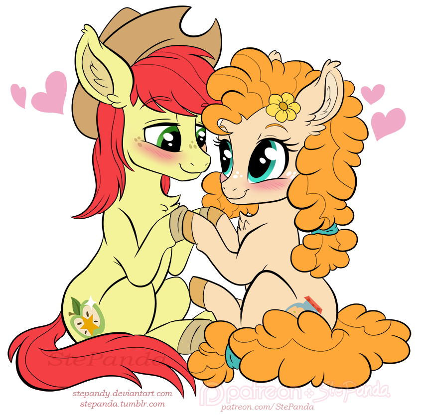 &lt;3 2017 blue_eyes bright_mac_(mlp) buttercup_(mlp) chibi duo equine female friendship_is_magic green_eyes holding_hooves horse male mammal my_little_pony pear_butter_(mlp) pony romantic_couple stepandy