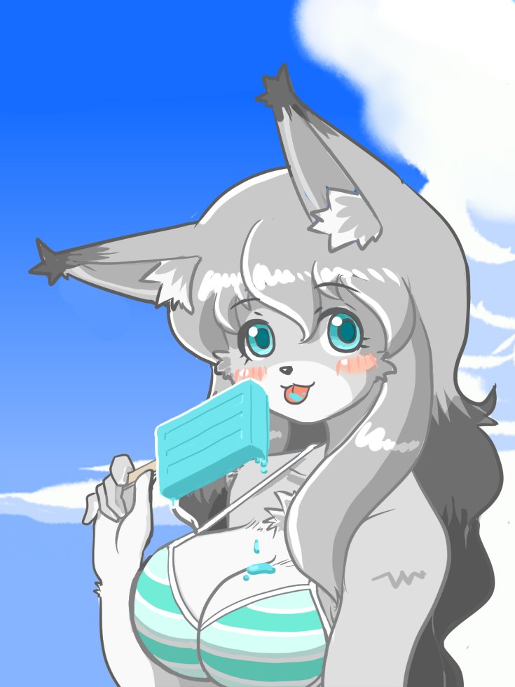 artist_request bikimi furry grey_hair long_hair swimsuit teal_eyes tongue wolf