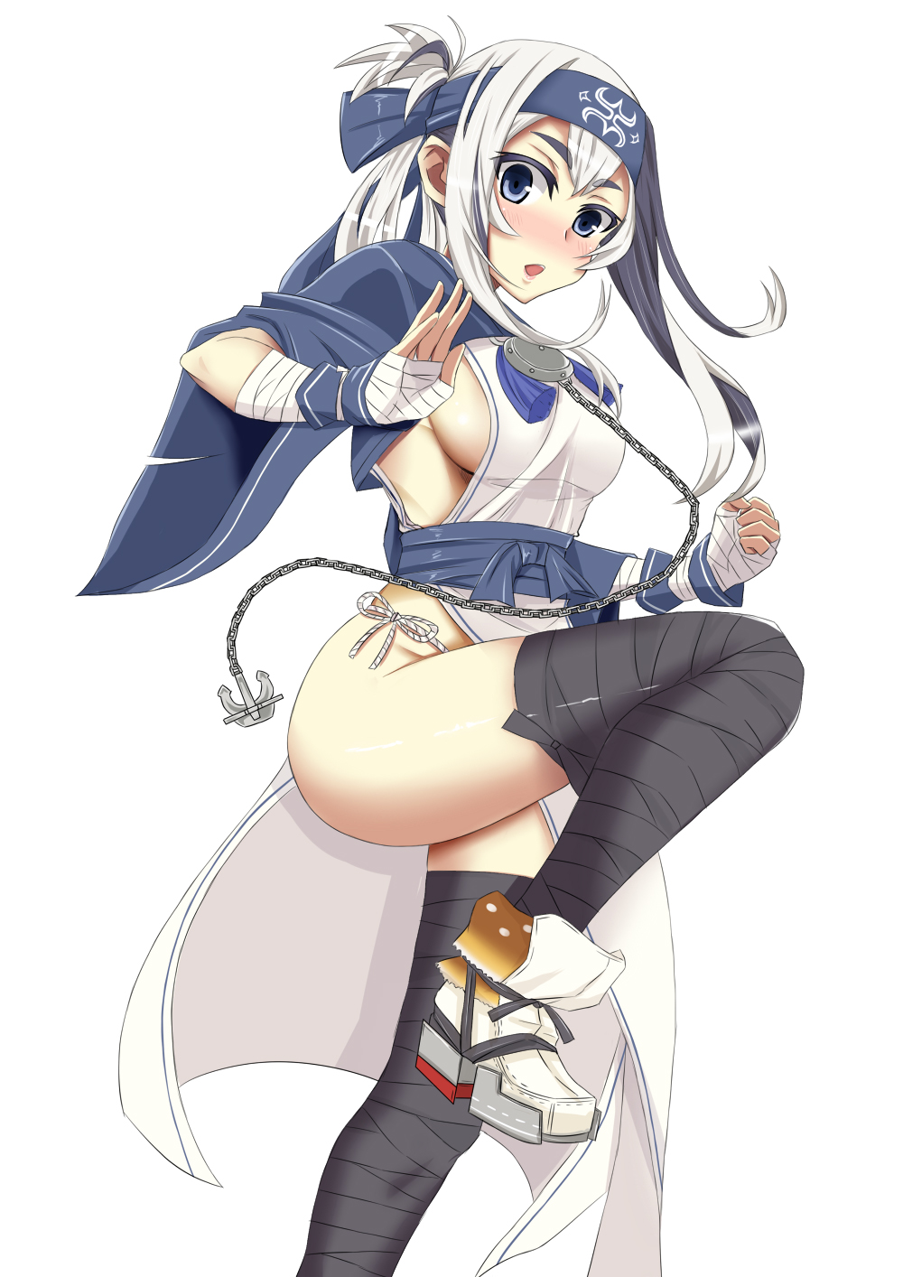 ass blush breasts chestnut_mouth commentary_request fighting_stance hachimaki headband highres k2 kamoi_(kantai_collection) kantai_collection large_breasts long_hair looking_at_viewer sideboob silver_eyes simple_background solo standing standing_on_one_leg white_background white_hair