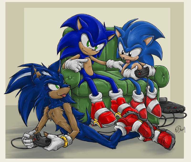 black_eyes blue_quills bracelet clothing eye_contact footwear gloves green_eyes group hedgehog jewelry lying mammal multicolored_quills quills sega_genesis shoes sitting sofa sonic_(series) sonic_the_hedgehog swirlything tan_quills teenager tongue tongue_out two_tone_quills white_quills young