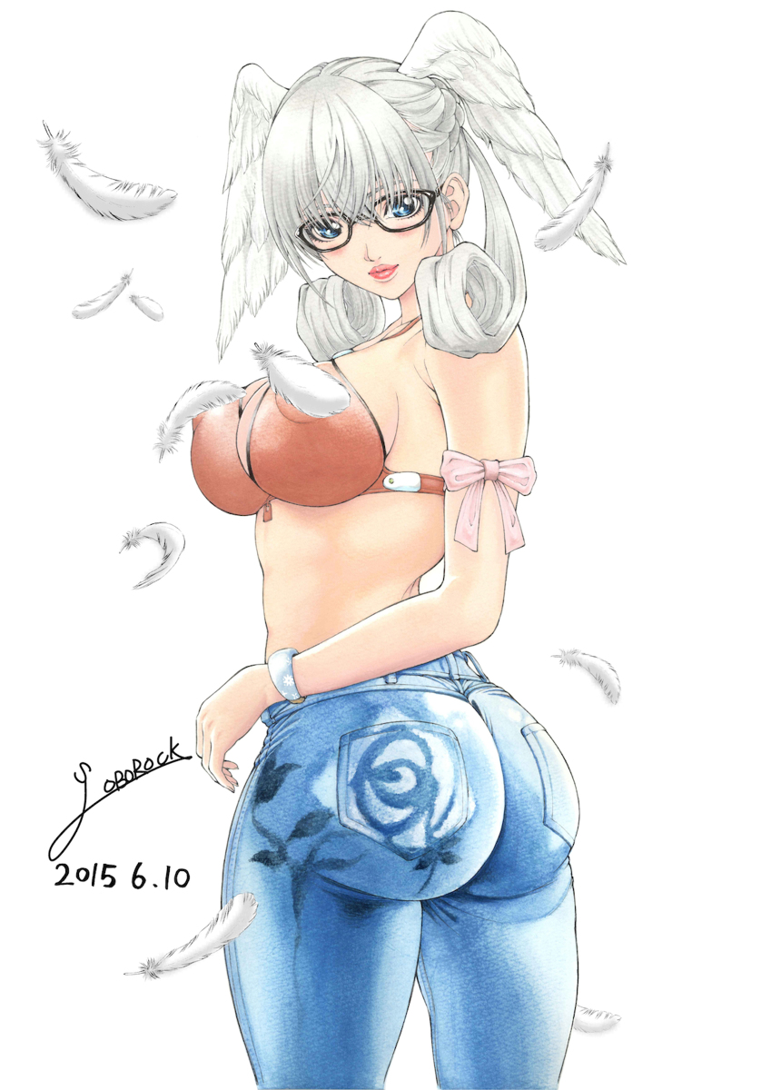 1girl alternate_breast_size areolae ass blue_eyes blush bra breasts convenient_censoring erect_nipples feathers glasses large_breasts looking_at_viewer melia nipple_censor oborock red_bra silver_hair underwear xenoblade