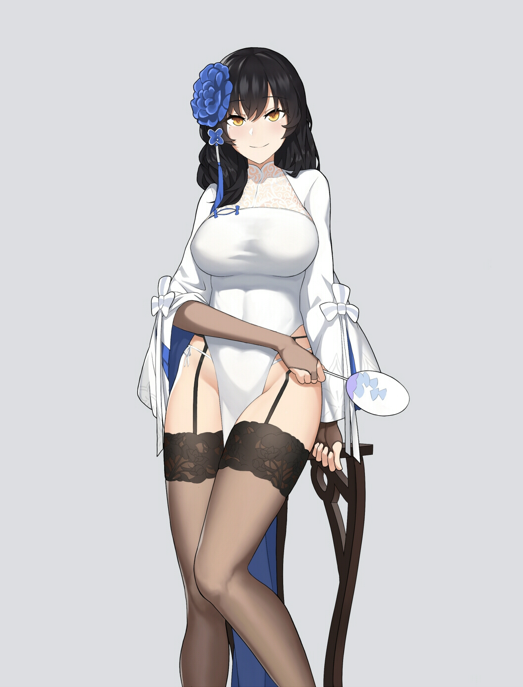 1girl bangs black_hair blue_flower breasts bridal_gauntlets brown_eyes brown_legwear cero_(last2stage) china_dress chinese_clothes commentary_request dress eyes_closed fan feet_out_of_frame flower garter_belt girls_frontline grey_background groin hair_between_eyes hair_flower hair_ornament highres holding holding_fan korean_commentary large_breasts long_hair long_sleeves looking_at_viewer mole mole_under_eye panties pelvic_curtain qbz-95_(girls_frontline) side-tie_panties simple_background smile solo standing thighhighs thighs underwear white_dress white_panties wide_sleeves