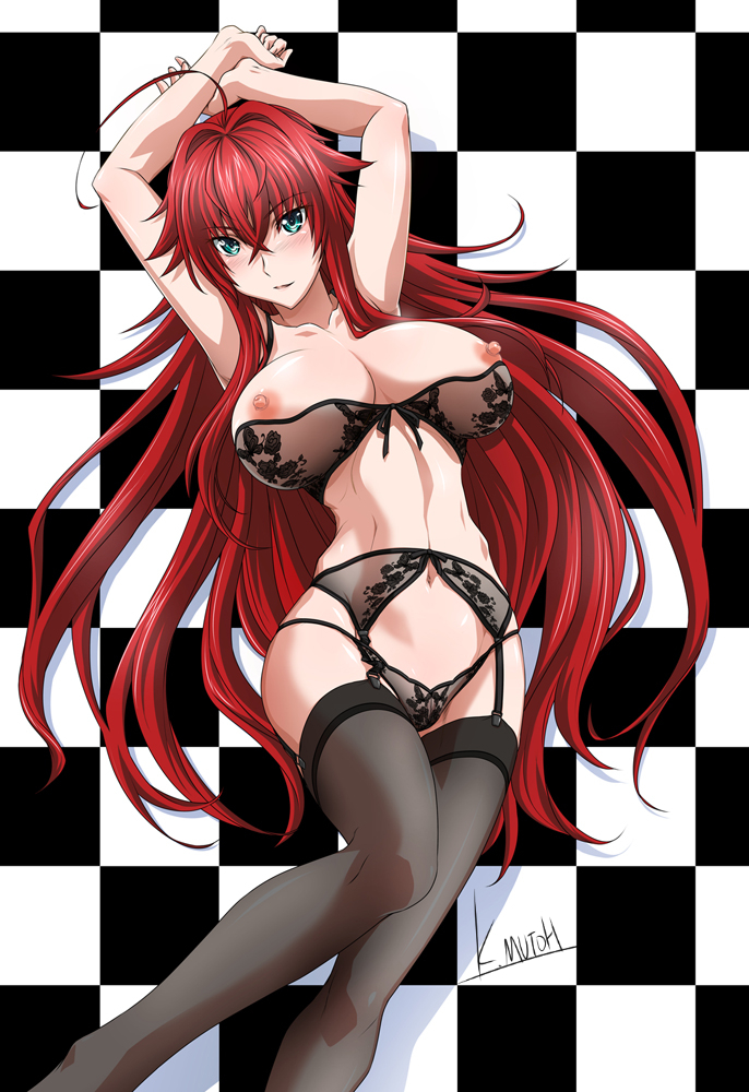 ahoge black_legwear blush breasts checkered checkered_background garter_straps green_eyes high_school_dxd large_breasts lingerie long_hair mutou_keiji nipples red_hair rias_gremory solo thighhighs underwear very_long_hair