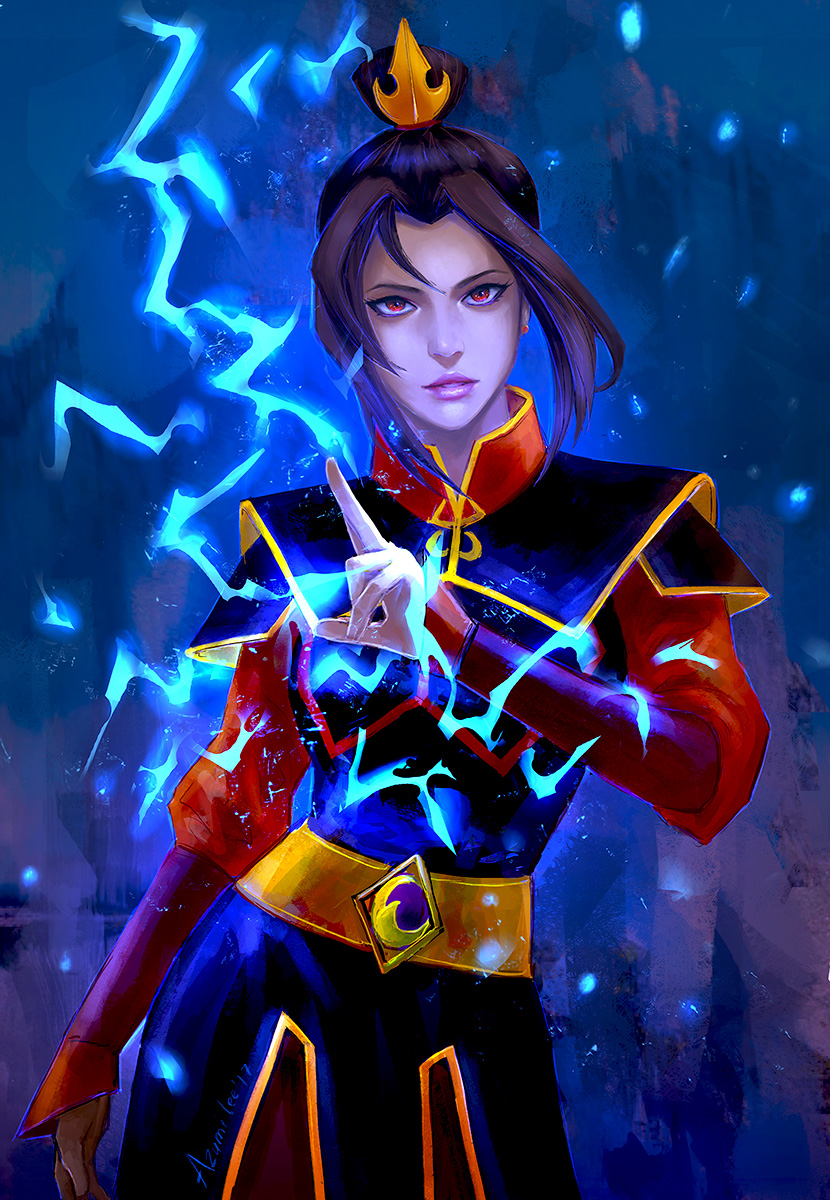 avatar:_the_last_airbender avatar_(series) azula azumi_lee black_hair chinese_clothes contrapposto crown dress earrings hair_ornament hand_up high_collar highres index_finger_raised jewelry lightning lips long_hair long_sleeves looking_at_viewer parted_lips red_eyes signature solo standing topknot