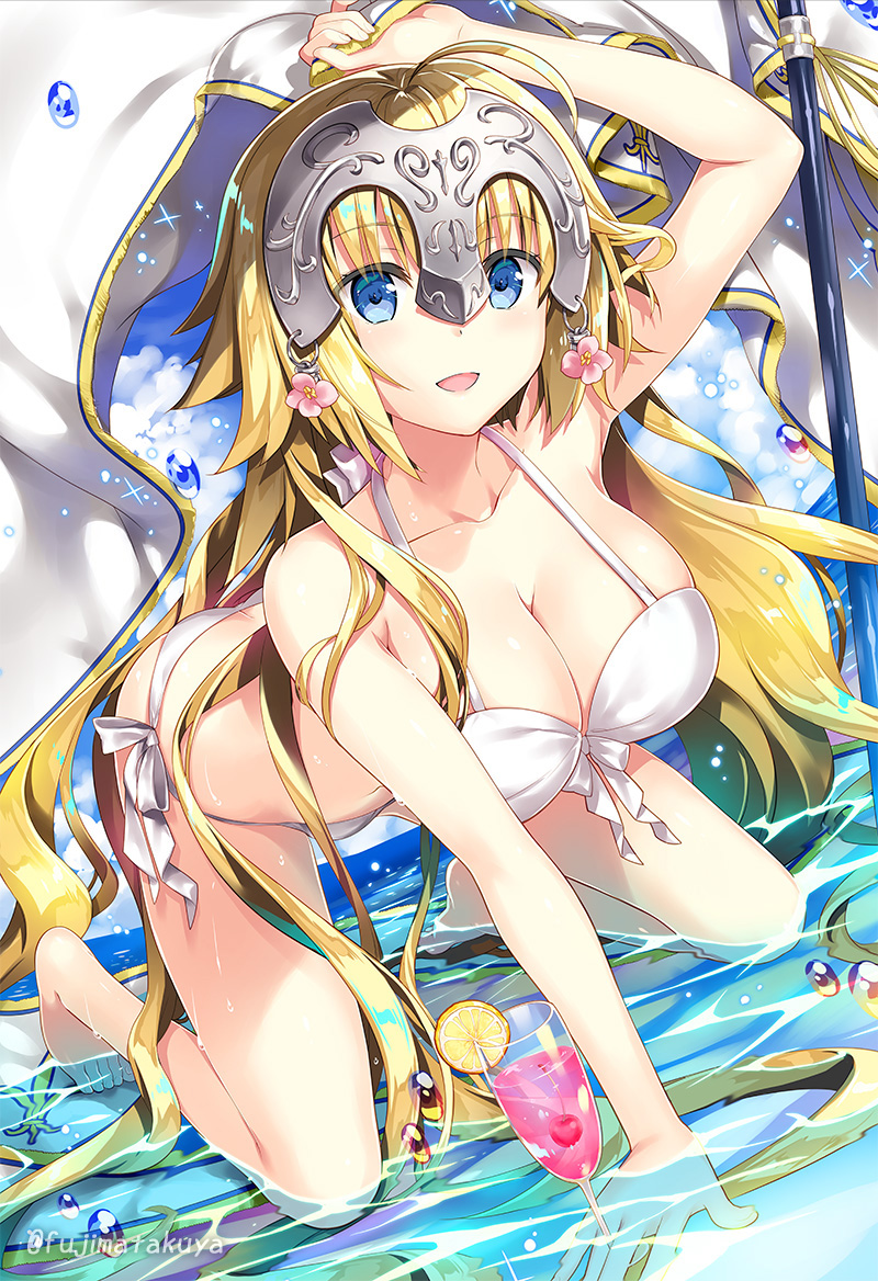 arm_support arm_up bikini blonde_hair blue_eyes blue_sky braid breasts butt_crack cherry cleavage cloud collarbone commentary_request cup day drink drinking_glass fate/apocrypha fate_(series) flag flower food front-tie_bikini front-tie_top fruit fujima_takuya headpiece jeanne_d'arc_(fate) jeanne_d'arc_(fate)_(all) kneeling large_breasts lemon lemon_slice long_hair looking_at_viewer open_mouth outdoors shiny shiny_hair shiny_skin side-tie_bikini single_braid sky smile solo swimsuit twitter_username very_long_hair water wet white_bikini