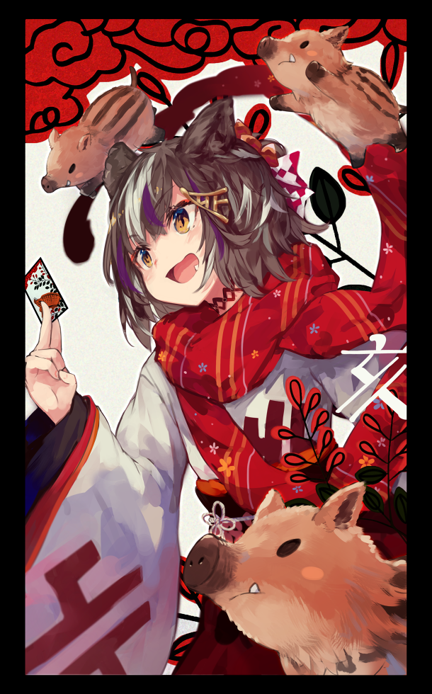 1girl :d animal_ears black_border blush board border brown_hair card chinese_zodiac commentary_request eyebrows_visible_through_hair fang hair_ornament holding holding_card long_sleeves multicolored_hair new_year open_mouth original pig red_scarf roll_okashi scarf short_hair smile solo streaked_hair wide_sleeves year_of_the_pig yellow_eyes