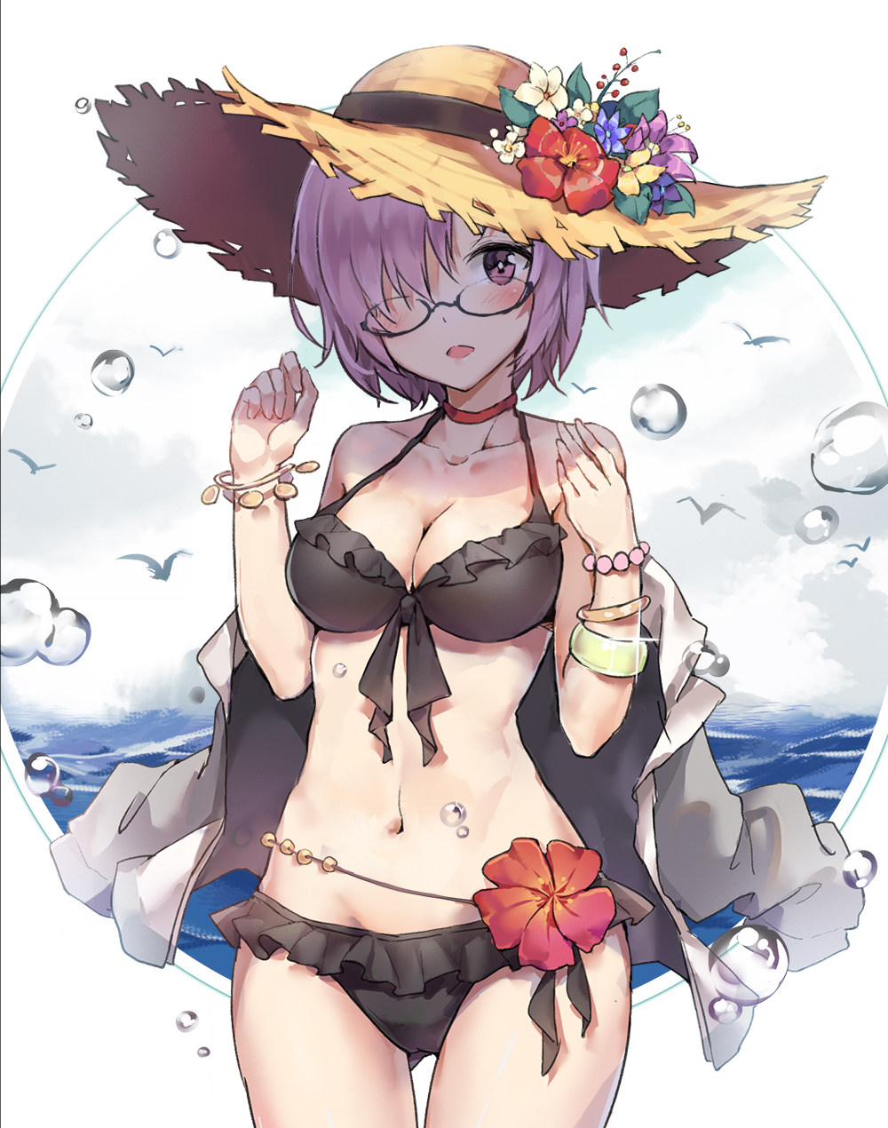 bikini black_bikini bracelet breasts choker cowboy_shot dre fate/grand_order fate_(series) flower frilled_bikini frills front-tie_top glasses hair_over_one_eye hat highres jacket jewelry looking_at_viewer mash_kyrielight medium_breasts navel open_clothes open_jacket purple_eyes purple_hair red_choker short_hair side-tie_bikini straw_hat sun_hat swimsuit thigh_gap water white_jacket