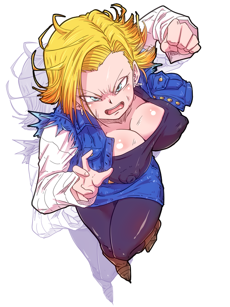 1girl android_18 blonde_hair blue_eyes breasts cleavage dragon_ball dragonball_z earrings erect_nipples looking_at_viewer open_mouth rickert_kai solo
