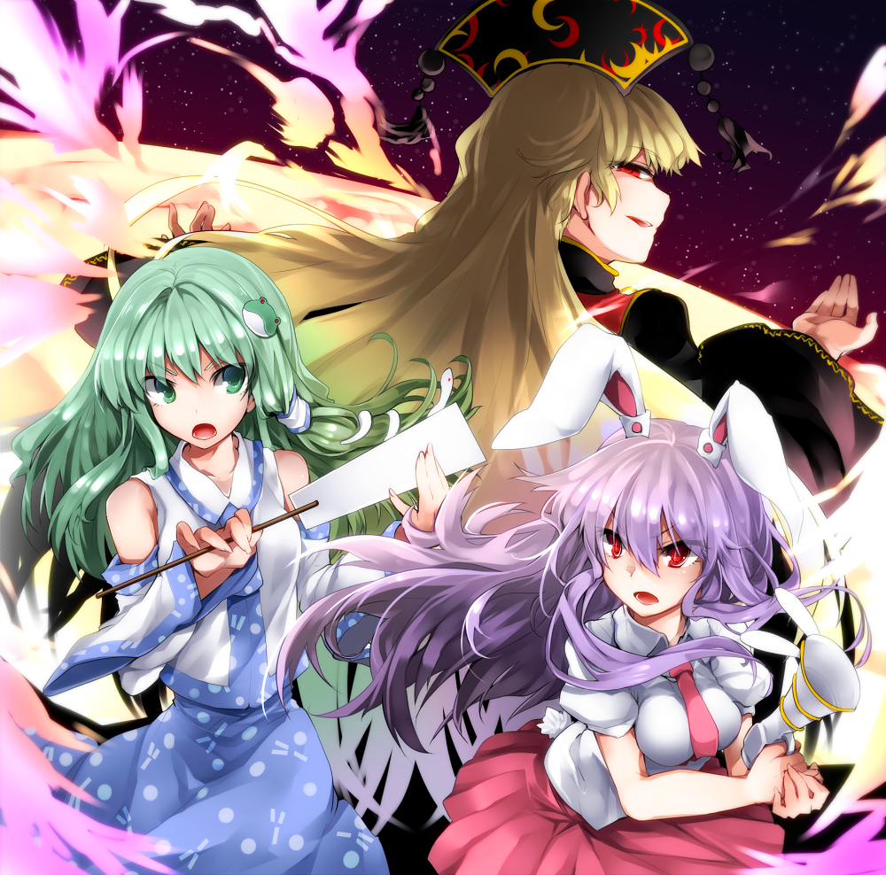 :o animal_ears bangs bare_shoulders blonde_hair blue_skirt breasts bunny_ears chinese_clothes collared_shirt commentary_request crescent detached_sleeves energy frog_hair_ornament gohei green_eyes green_hair hair_ornament hair_tubes hat junko_(touhou) kazetto kochiya_sanae long_hair long_sleeves looking_at_another lunatic_gun medium_breasts multiple_girls necktie nontraditional_miko open_mouth parted_lips puffy_short_sleeves puffy_sleeves purple_hair red_eyes red_neckwear red_skirt reisen_udongein_inaba shirt short_sleeves skirt smile snake_hair_ornament touhou v-shaped_eyebrows very_long_hair white_shirt wide_sleeves