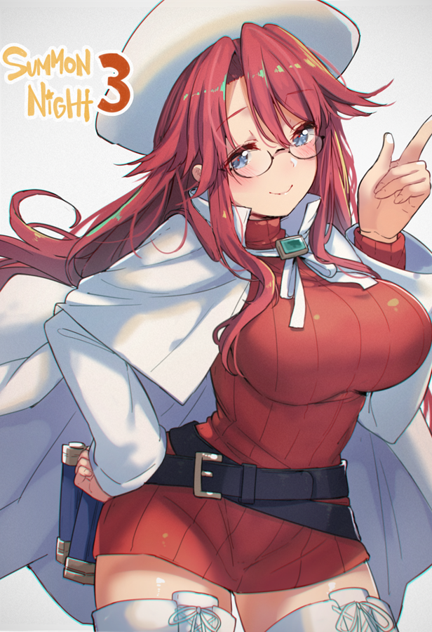 1girl aty_(summon_night) belt beret blue_eyes boots breasts cape cross-laced_footwear dress glasses haruken hat large_breasts long_hair loose_belt red_hair red_sweater ribbed_sweater solo summon_night summon_night_3 sweater thigh_boots thighhighs turtleneck white_footwear