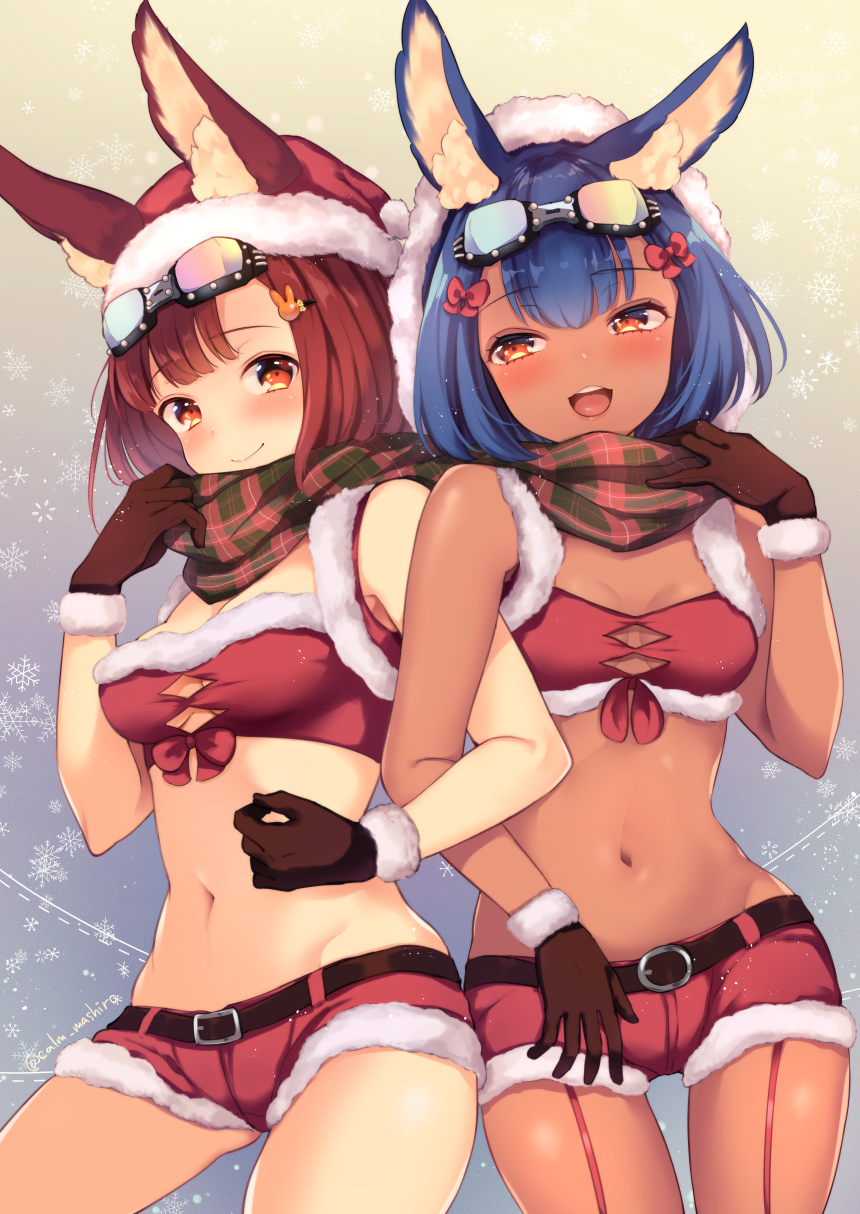 2girls :d animal_ear_fluff animal_ears bandeau bangs bare_arms bare_shoulders belt black_gloves blue_hair blush breasts breasts_apart brown_hair bunny_hair_ornament calm_mashiro christmas cleavage closed_mouth commentary_request crop_top dark_skin ears_through_headwear eyebrows_visible_through_hair fur-trimmed_gloves fur-trimmed_hat fur_trim garter_straps gloves gluteal_fold goggles goggles_on_head green_scarf groin hair_ornament hair_ribbon hairclip half-closed_eyes hand_up hat highres hound_(sekaiju) locked_arms medium_breasts midriff multiple_girls navel open_mouth orange_eyes plaid plaid_scarf red_hat red_ribbon red_shorts ribbon santa_costume santa_hat scarf scarf_pull sekaiju_no_meikyuu sekaiju_no_meikyuu_5 short_hair short_shorts shorts side-by-side sleeveless small_breasts smile snowflakes standing stomach upper_teeth