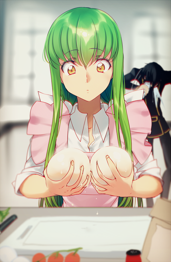 1girl alternate_costume apron bangs black_hair black_pants blurry bottle c.c. cheese closed_mouth code_geass collarbone collared_shirt commentary creayus cutting_board depth_of_field dumpling eyebrows_visible_through_hair food green_hair hair_between_eyes holding holding_bottle indoors kitchen knife lelouch_lamperouge long_hair long_sleeves looking_down maid_apron motion_lines pants pink_apron school_uniform shiny shiny_hair shirt sidelocks sleeves_pushed_up solo_focus spit_take spitting standing tareme tomato uniform upper_body very_long_hair water water_bottle white_shirt wing_collar yellow_eyes