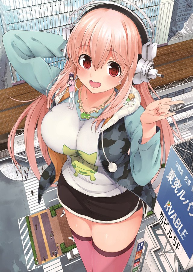 architecture black_hair breasts brown_hair building camouflage_hoodie city commentary_request day fujimi_suzu giantess hand_behind_head hat headphones hood hoodie large_breasts long_hair looking_at_viewer mascot multiple_girls nitroplus nurse_cap open_mouth outdoors perspective pink_eyes pink_hair pom_pom_(clothes) raglan_sleeves red_eyes short_hair size_difference sleeveless sleeveless_hoodie smile standing super_sonico thighhighs watanuki_fuuri watanuki_ron