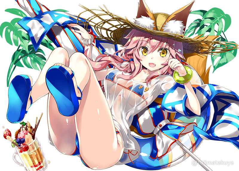 animal_ears bikini blue_bikini breasts commentary_request ears_through_headwear fang fate/extra fate/extra_ccc fate/grand_order fate_(series) fox_ears fox_tail fujima_takuya hat innertube large_breasts legs_up long_hair looking_at_viewer lying open_mouth pink_hair see-through simple_background solo sun_hat swimsuit tail tamamo_(fate)_(all) tamamo_no_mae_(fate) tamamo_no_mae_(swimsuit_lancer)_(fate) twitter_username white_background yellow_eyes