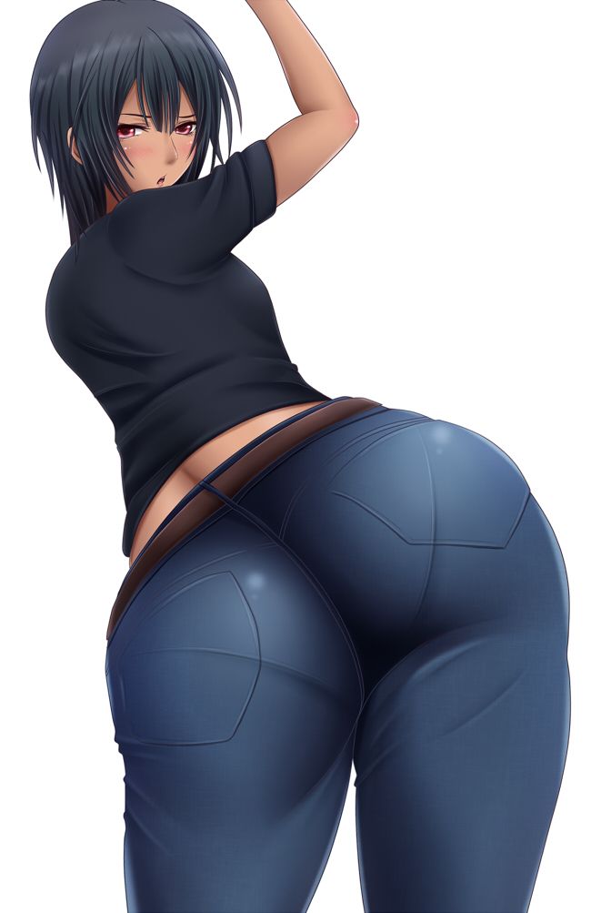 1girl ass belt black_hair blush female huge_ass jeans large_ass looking_at_viewer pantylines red_eyes saogokushi shirt short_hair solo tan_skin tanned_skin thick_thighs thighs white_background