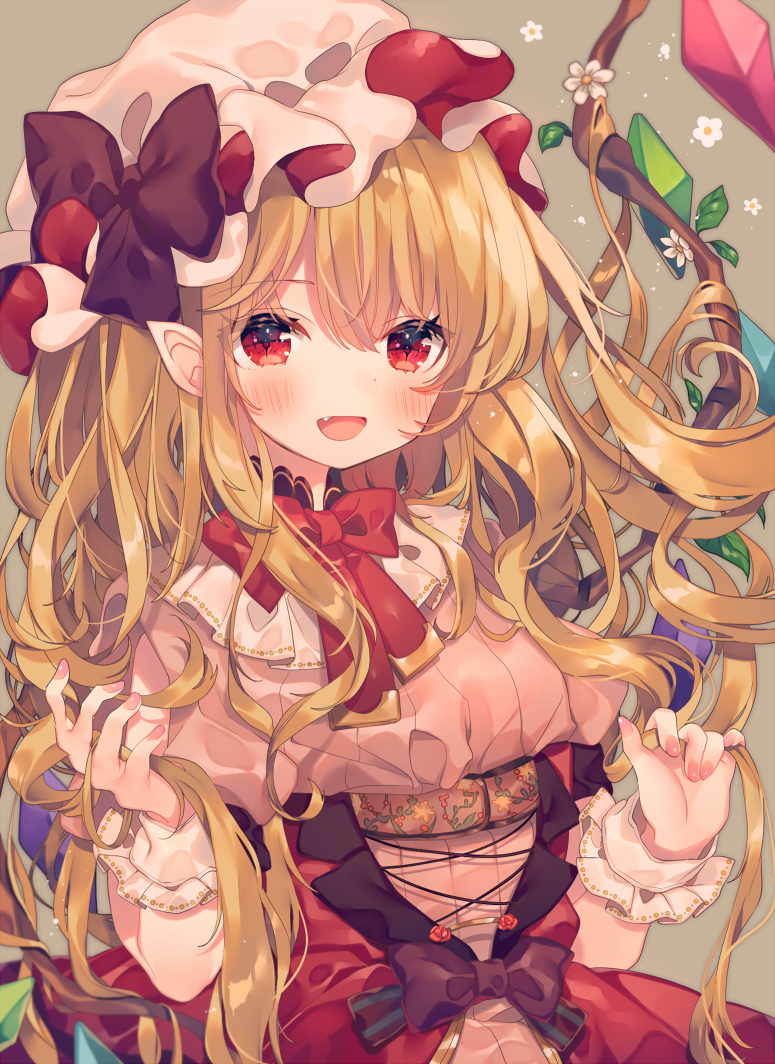1girl :d alternate_hair_length alternate_hairstyle ana_(rznuscrf) bangs blonde_hair blush bow brown_background brown_bow brown_dress commentary_request crystal dress eyebrows_visible_through_hair fang fingernails flandre_scarlet flower hair_between_eyes hands_up hat hat_bow long_hair mob_cap nail_polish open_mouth pink_nails puffy_short_sleeves puffy_sleeves red_bow red_eyes ribbed_dress short_sleeves simple_background smile solo touhou upper_body very_long_hair white_flower white_hat wings wrist_cuffs