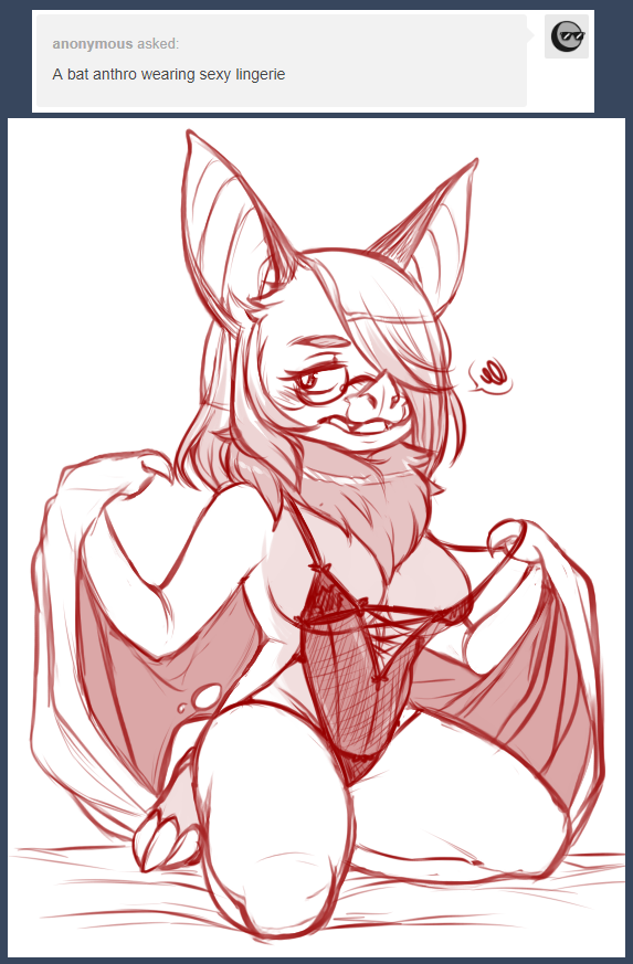 anthro ask_blog bat breasts clothing english_text female hair iriedono kneeling lingerie mammal open_mouth sketch solo text thick_thighs wings