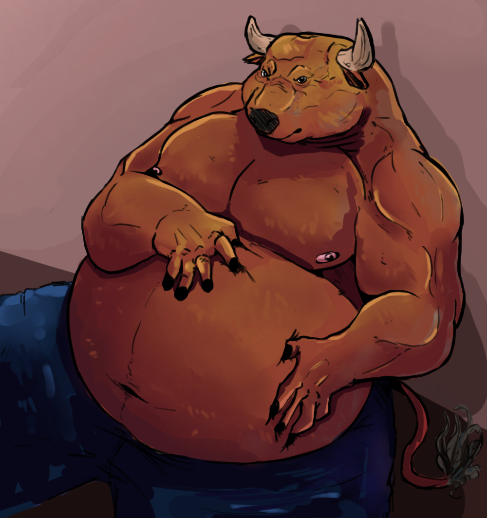 anthro belly big_belly bovine brown_fur cattle chubby_cheeks clothed clothing fur hand_on_stomach hooved_fingers horn male mammal musclegut muscular muscular_male navel nipples obese obese_male onefetishtoomany overweight overweight_male sitting solo tail_tuft thick_thighs topless tuft