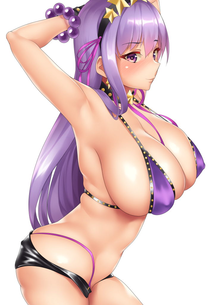 1girl armpits arms_behind_head arms_up bangs bare_shoulders bb_(fate)_(all) bb_(swimsuit_mooncancer)_(fate) bead_bracelet beads bikini black_garter_belt black_shorts blush bracelet breasts cleavage closed_mouth collarbone earrings fate/extra fate/extra_ccc fate/grand_order fate_(series) hair_ribbon hips jewelry large_breasts long_hair looking_at_viewer navel neck_ribbon purple_bikini purple_eyes purple_hair purple_ribbon ribbon short_shorts shorts simple_background smile solo star star_earrings studded_garter_belt swimsuit takeda_seiji tiara white_background