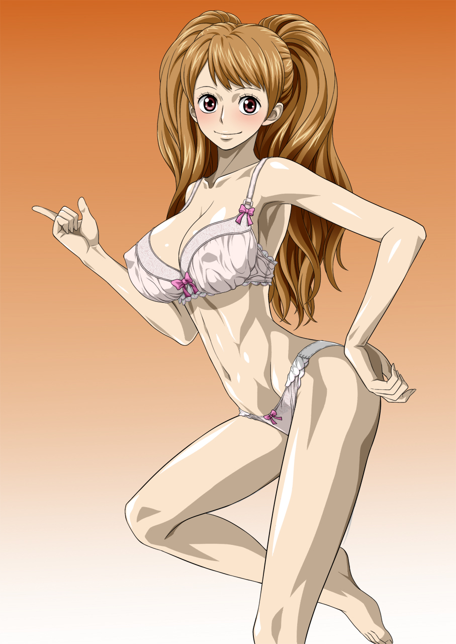 1girl armpits bare_arms bare_legs bare_shoulders barefoot blonde_hair blush bra breasts charlotte_pudding cleavage erect_nipples feet gradient_background hand_on_hip highres index_finger_raised large_breasts legs long_hair looking_at_viewer navel nel-zel_formula one_piece panties red_eyes shiny shiny_skin simple_background smile solo standing thighs toes twintails underwear white_bra white_panties
