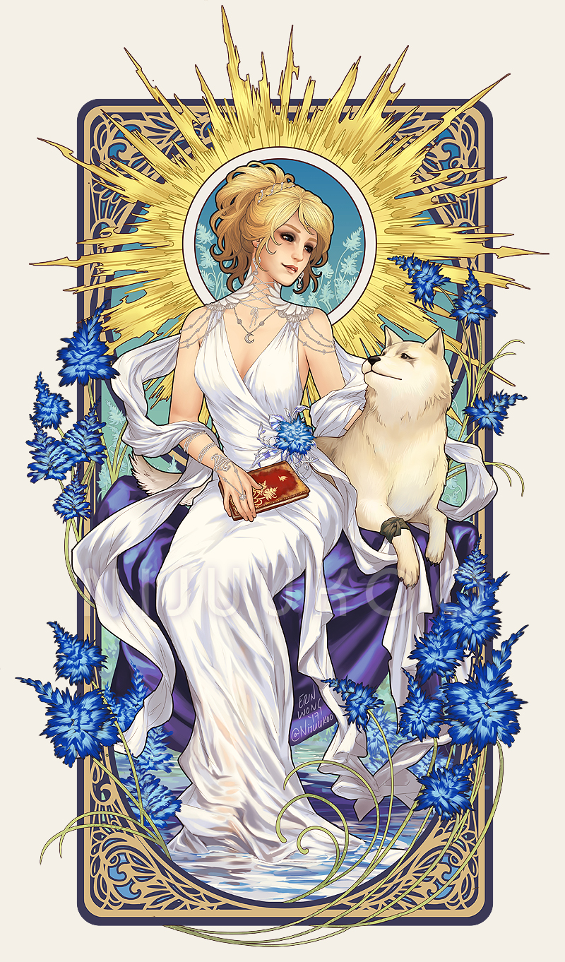 animal blonde_hair book commentary dog dress final_fantasy final_fantasy_xv hagoromo highres jewelry looking_at_another lunafreya_nox_fleuret necklace nijuuni parted_lips pryna_(ff15) shawl sitting smile white_dress