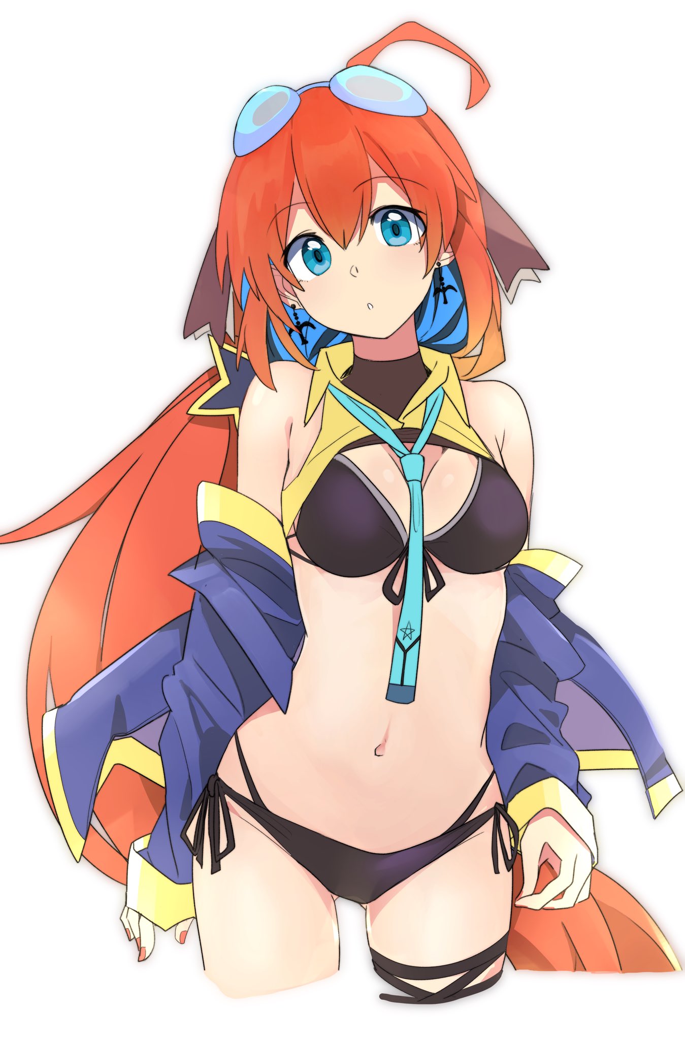 1girl :o ahoge aqua_neckwear armpit_crease arms_at_sides ass_visible_through_thighs bangs bare_shoulders between_breasts bikini black_bikini blue_eyes blue_hair blue_jacket breasts cielart collared_shirt commentary_request crop_top cropped_legs earrings eyebrows_visible_through_hair front-tie_bikini front-tie_top goggles goggles_on_head hair_between_eyes head_tilt highleg highleg_bikini highres jacket jewelry kazenoko long_hair long_sleeves looking_at_viewer medium_breasts multicolored_hair nail_polish necktie off_shoulder open_clothes open_jacket orange_hair orange_nails parted_lips shirt side-tie_bikini sidelocks simple_background sleeveless sleeveless_shirt sleeves_past_wrists solo star swimsuit tadase_ciel thigh_strap two-tone_hair very_long_hair virtual_youtuber white_background yellow_shirt