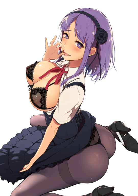 1girl areolae ass blush bra breasts character_request cleavage dagashi_kashi erect_nipples hairband heart-shaped_pupils large_breasts looking_at_viewer nail_polish nipples open_clothes panties pantyhose purple_eyes purple_hair see-through sitting smile solo symbol-shaped_pupils tagme tongue tongue_out underwear