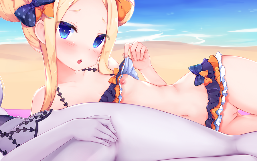 2girls abigail_williams_(fate/grand_order) beach bikini black_bikini black_bow blonde_hair blush bow breasts day double_bun emerald_float fate/grand_order fate_(series) fingernails grey_skirt hair_bow head_tilt lavinia_whateley_(fate/grand_order) long_hair looking_at_viewer multiple_girls navel nipples nyatrix orange_bow outdoors parted_lips print_bow pussy sand side_bun sidelocks skirt small_breasts star star_print swimsuit thigh_gap water