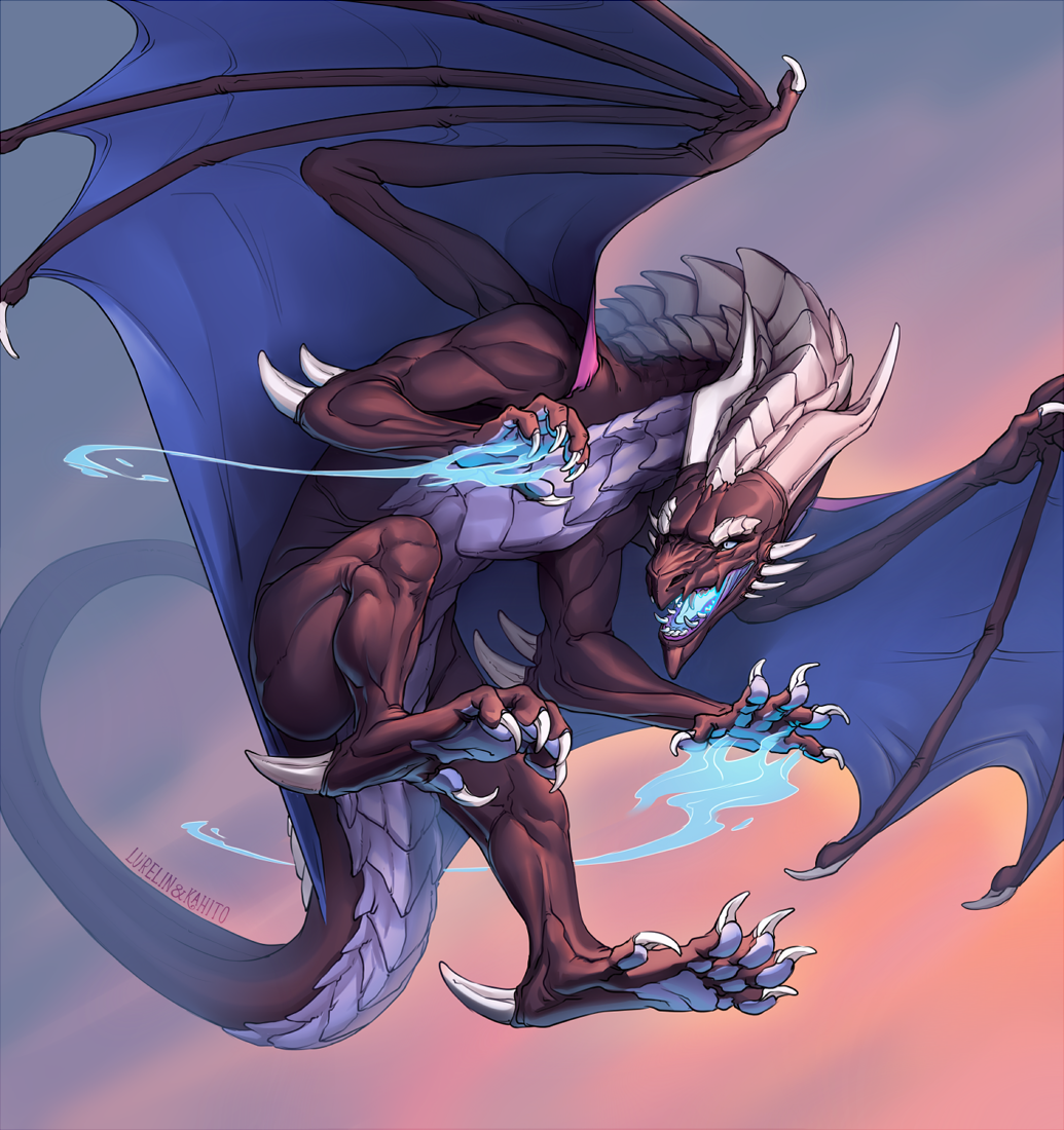 ambiguous_gender blue_eyes blue_pawpads brown_scales claws dragon feral fire flying horn kahito_slydeft_(artist) lurelin membranous_wings muscular open_mouth pawpads scales scalie sharp_teeth solo teeth toe_curl wings