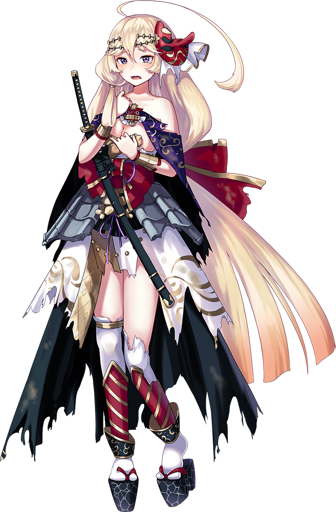 ahoge bare_shoulders blonde_hair blush breasts cleavage full_body hair_ribbon hand_on_own_cheek holding holding_sword holding_weapon katana large_breasts long_hair low-tied_long_hair mask mask_on_head matsukura_(oshiro_project) official_art oshiro_project oshiro_project_re platform_footwear purple_eyes ribbon sandals sheath sheathed sheep_sleep solo sword tengu_mask thighhighs torn_clothes transparent_background very_long_hair weapon