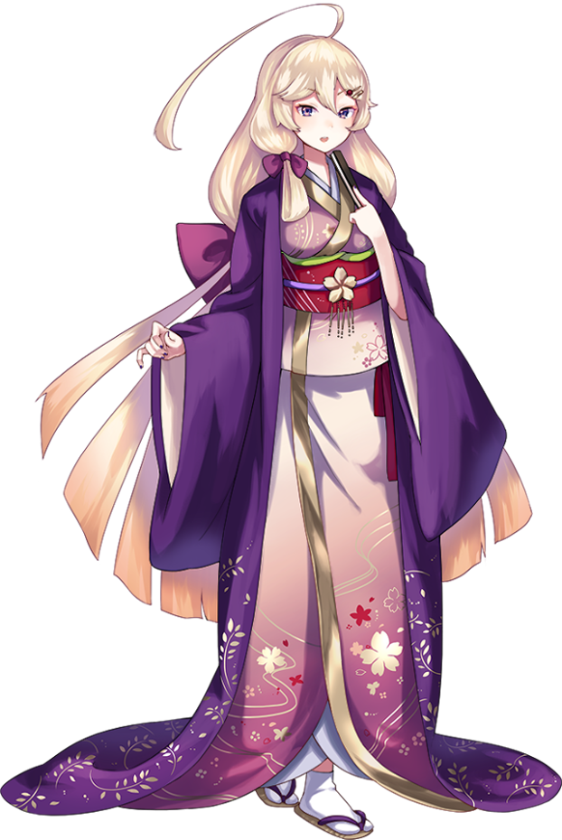 ahoge blonde_hair full_body hair_ribbon japanese_clothes long_hair low-tied_long_hair matsukura_(oshiro_project) official_art oshiro_project oshiro_project_re purple_eyes ribbon sandals sheep_sleep solo thighhighs transparent_background very_long_hair