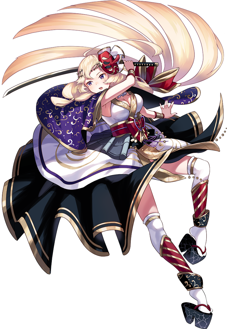 ahoge blonde_hair breasts cleavage full_body holding holding_sword holding_weapon katana large_breasts long_hair low-tied_long_hair mask mask_on_head matsukura_(oshiro_project) official_art oshiro_project oshiro_project_re platform_footwear purple_eyes sandals sheep_sleep solo sword tengu_mask transparent_background unsheathed very_long_hair weapon
