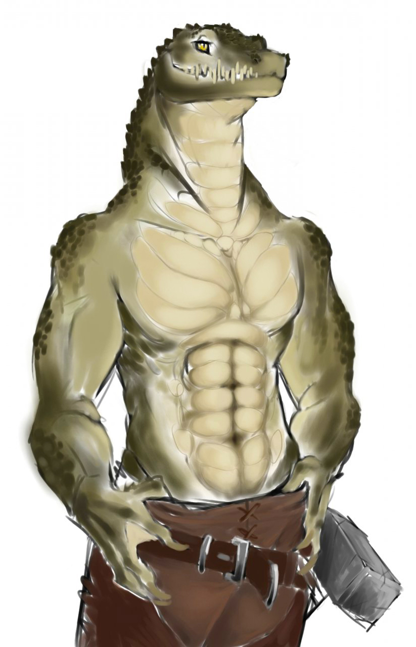 abs anthro athletic belt biceps clothed clothing crocodile crocodilian dratex green_skin hammer leather male muscular nile_crocodile pants pecs reptile scalie simple_background sketch smile solo spines standing teeth tools topless white_background yellow_eyes